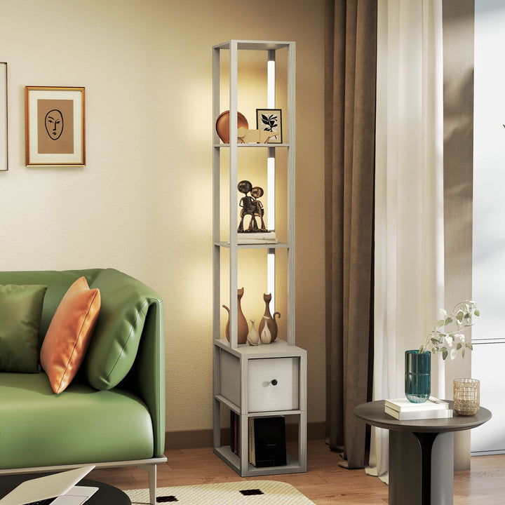Floor Lamp with Shelves, LED Column Modern Standing Lamp with Fabric Drawer, Adjustable Brightness, Foot Switch for Living Room, Bedroom, Office, Oak