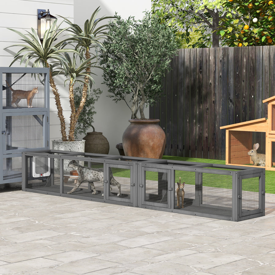 Cat Tunnel, 250cm Extra Long Wooden Cat Play Tunnel with 8 Doors, L-shape/Rectangle, Outdoor Cat Enclosure, Dark Grey