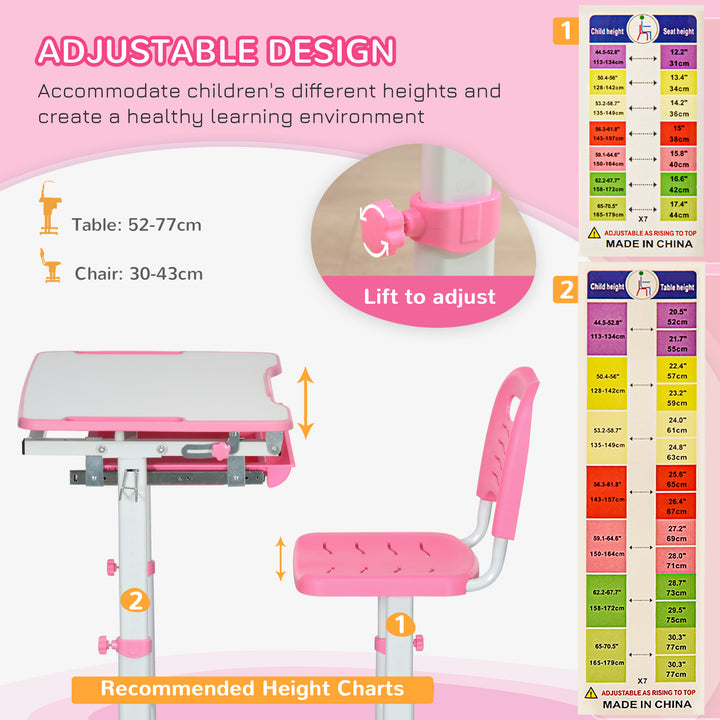 HOMCOM Adjustable Kids Desk and Chair Set, Student Writing Desk with Drawer, Pen Slot, Hook, Pink | Aosom UK