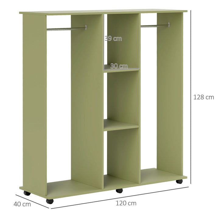 Open Wardrobe Double Mobile Storage Shelves Organizer W/6 Wheels-Green