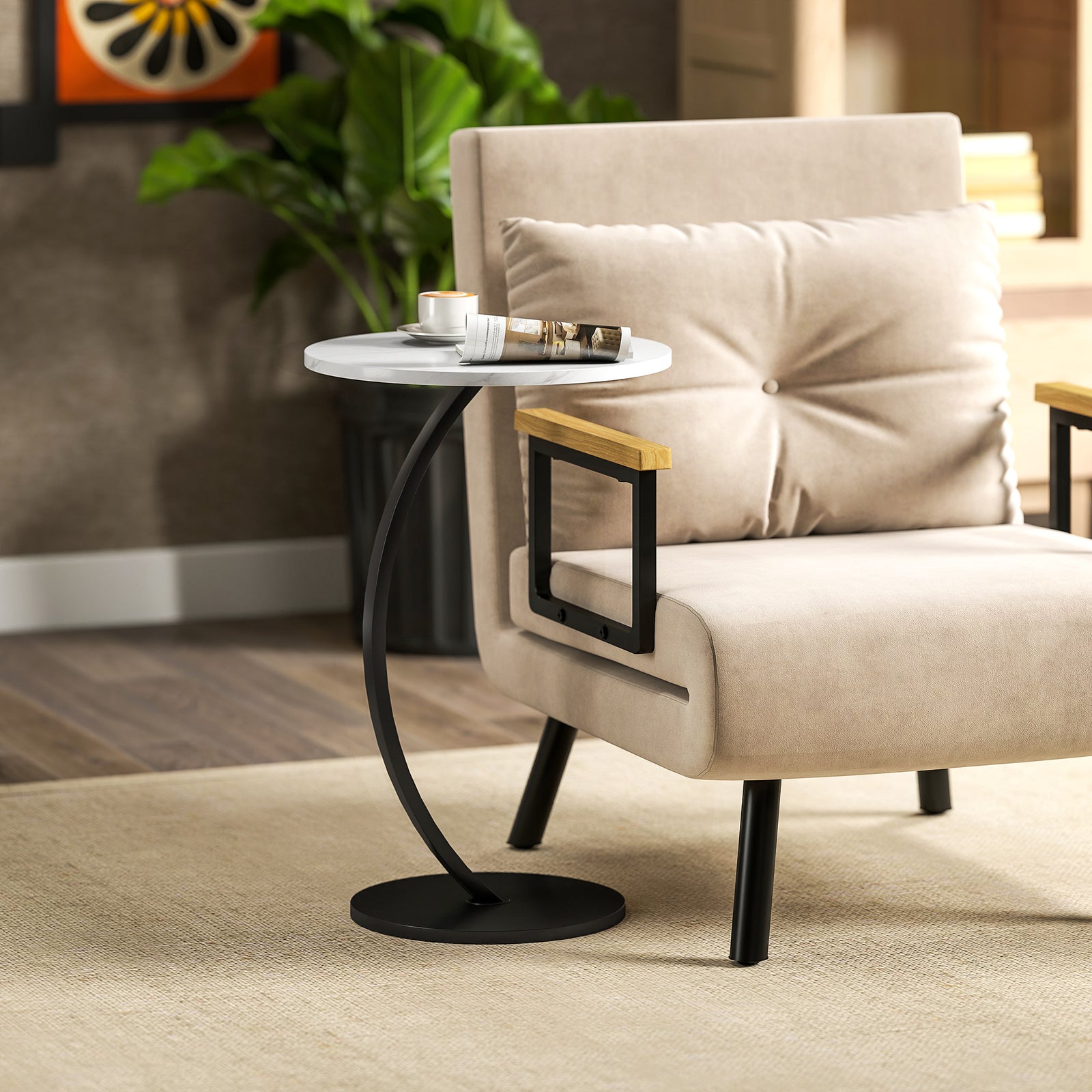 C Shaped Side Table, Round Bedside Table with Marble Effect Top, Modern Coffee Table Sofa End Table with Metal Frame for Living Room Bedroom Office, White