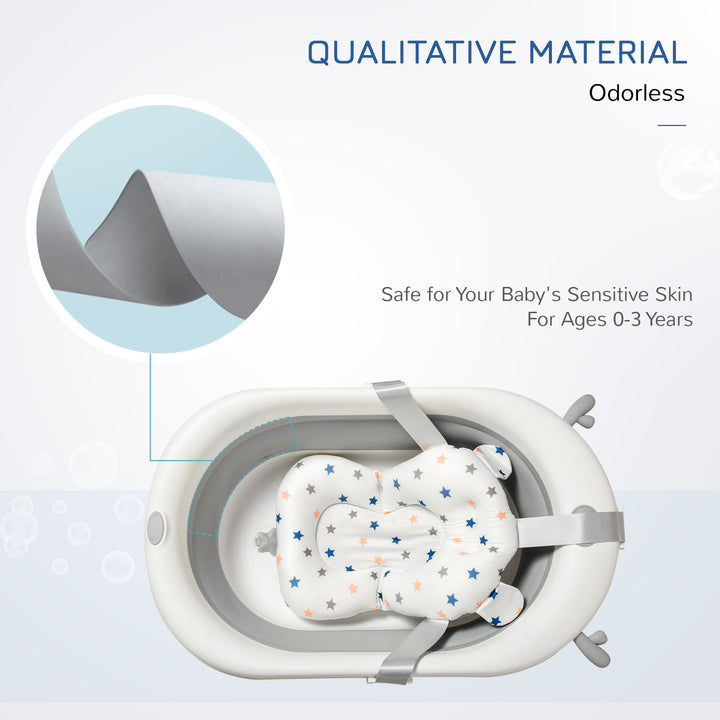 Foldable Baby Bathtub Set, Collapsible Bath Tub with Thermostatic Water Plug, Non-Slip Support, Cushion Pad, Drain Plugs, for Newborn to 3 Years - Offwhite
