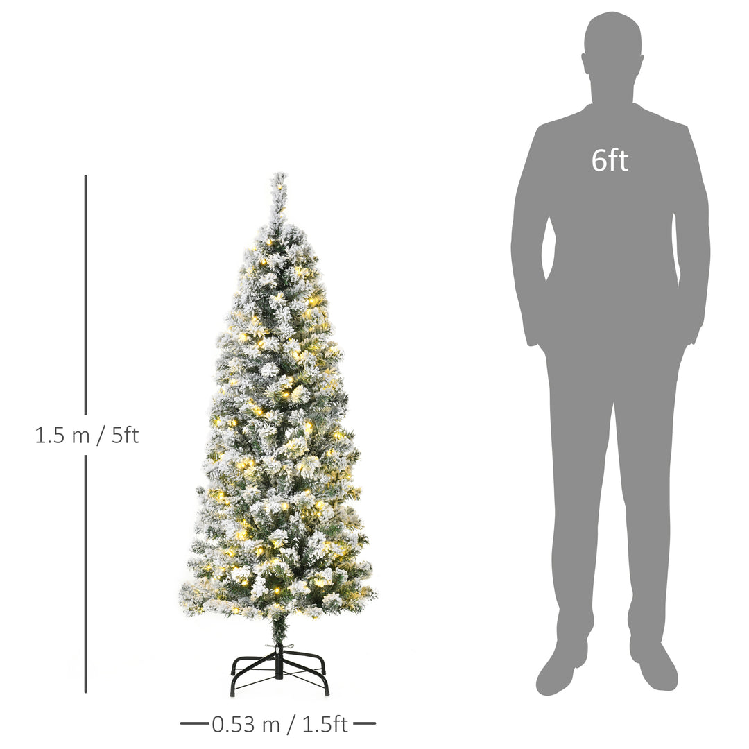 HOMCOM 5 Feet Pre Lit Christmas Tree Artificial Snow Flocked Christmas Tree w/ Warm White LED, Holiday Home Xmas Decoration, Green White | Aosom UK