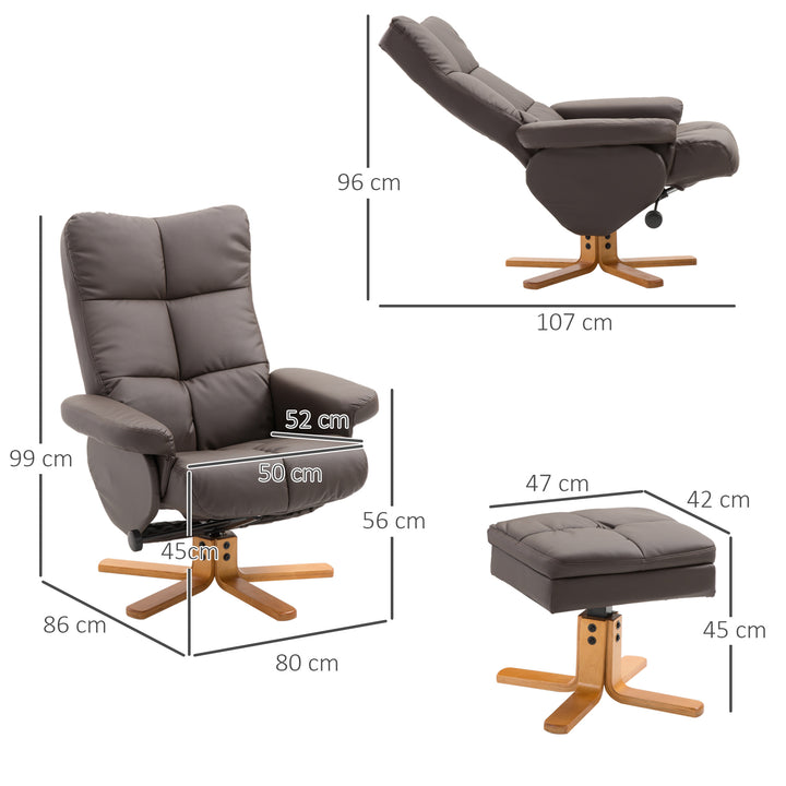 Faux Leather Swivel Recliner Chair with Footstool, HOMCOM Armchair with Wooden Base and Storage for Living Room, Brown | Aosom UK