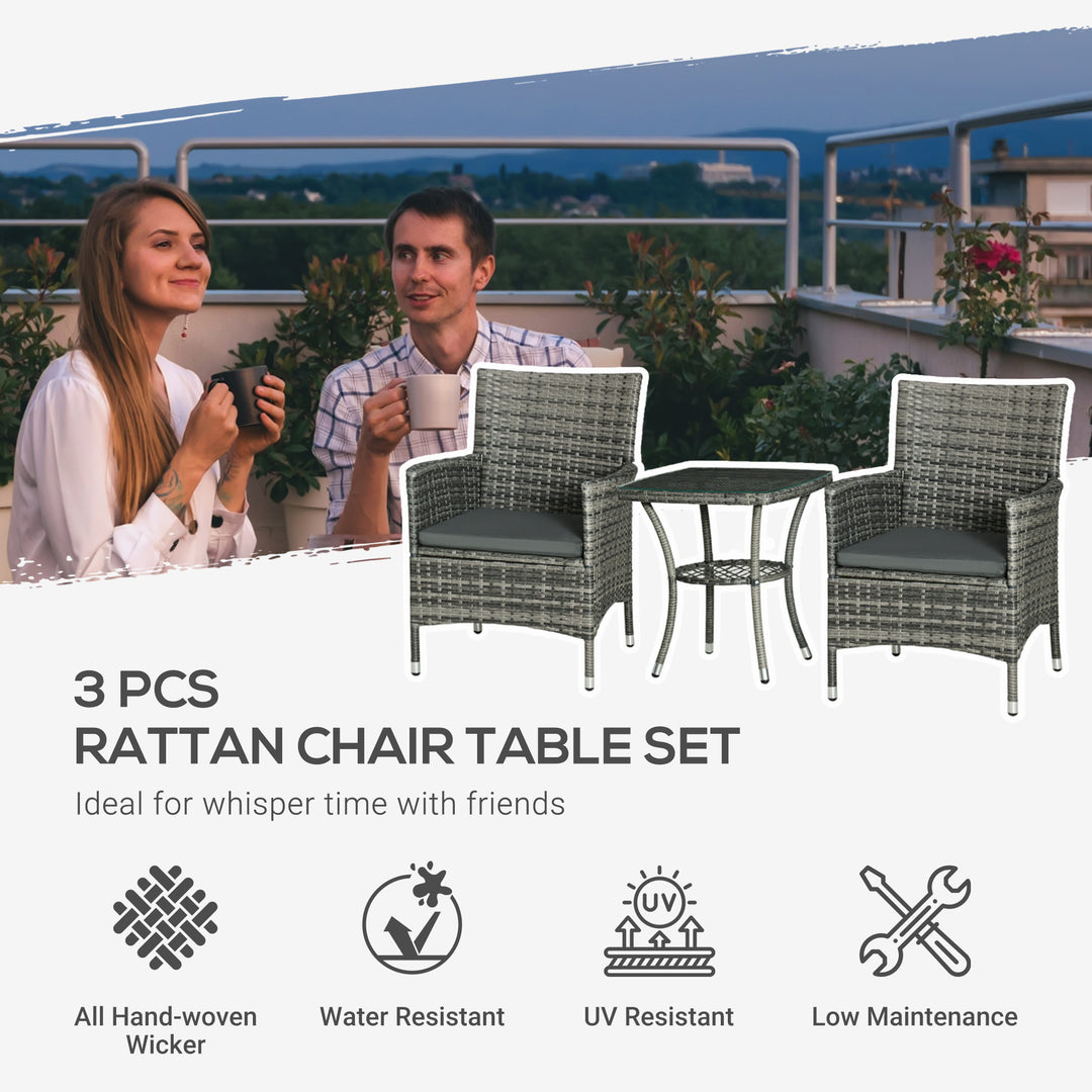 3 Pieces Rattan Bistro Set, Wicker Garden Furniture Set with 2-Tier Coffee Table and Chairs, Washable Cushions, for Outdoor Patio Balcony, Mixed Grey