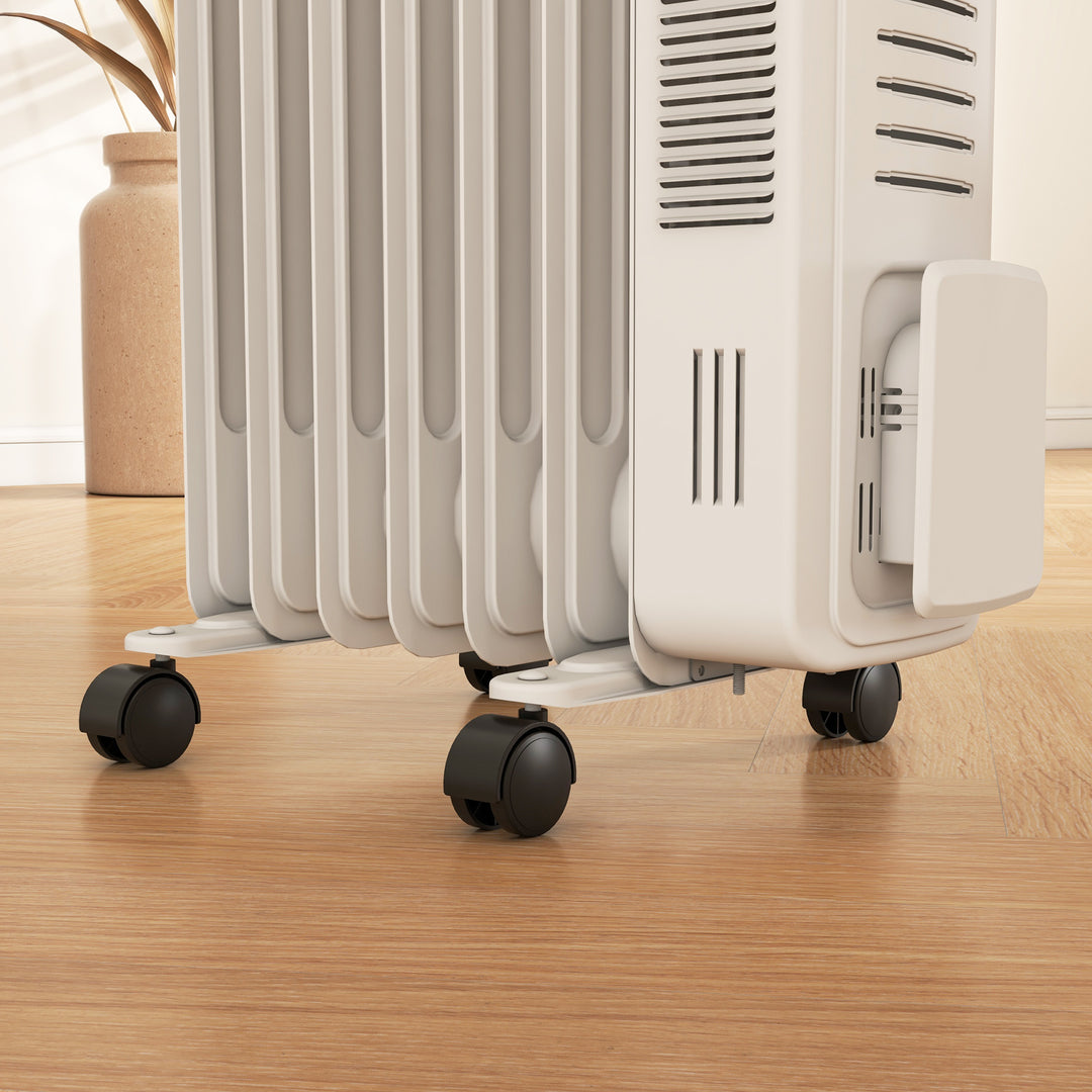 HOMCOM 1500W Oil Filled Radiator, 7 Fin Energy Efficient Portable Electric Heater with 3 Heat Settings, Adjustable Thermostat, Safety Tip Over, Overheat Protection, for Home, White