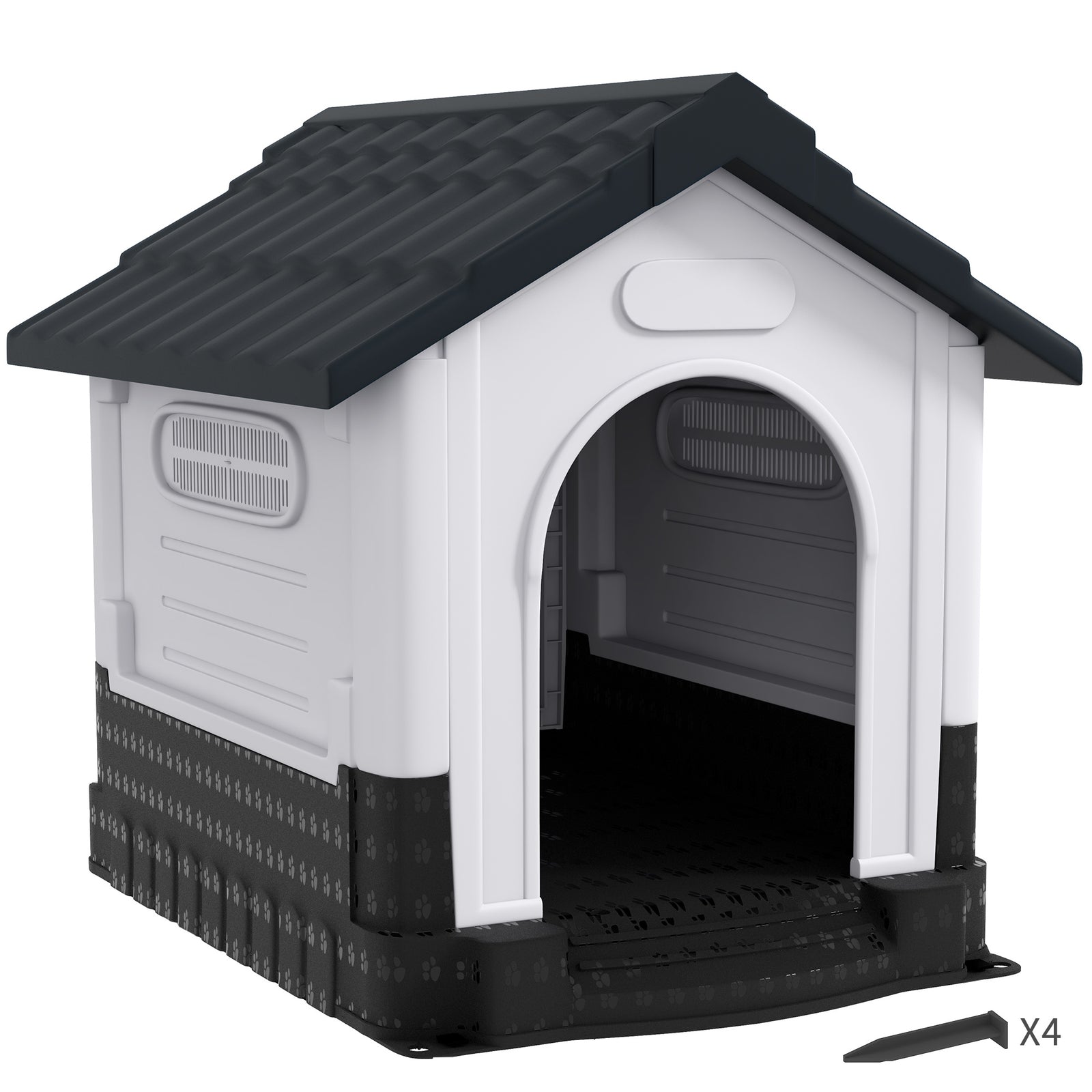 Plastic Dog Kennel with Windows, for Garden Patio, Medium and Large Dogs, 101 x 88 x 99cm - Grey
