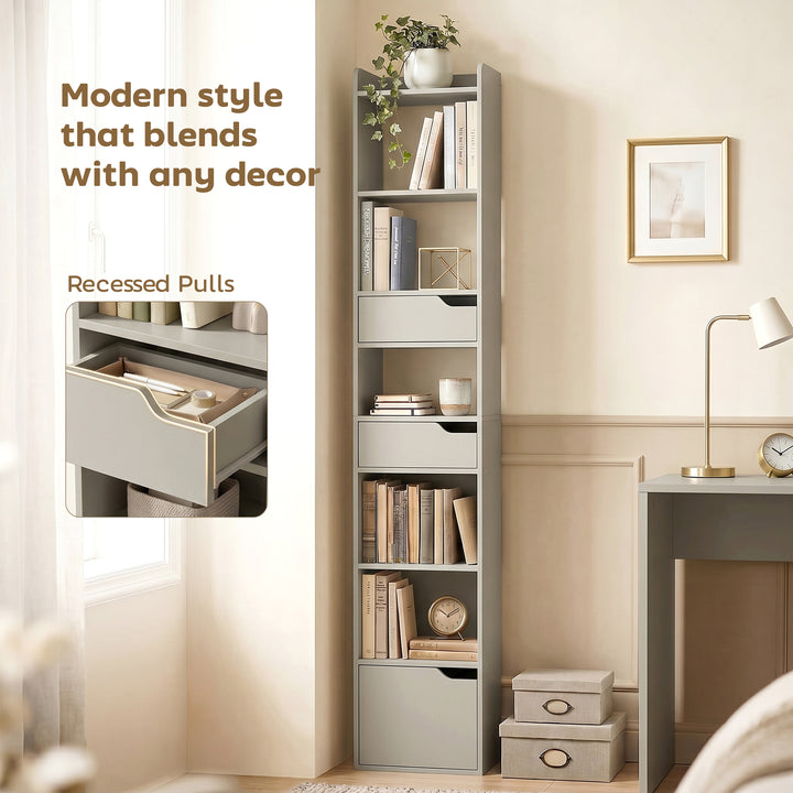 Bookcase Tall Narrow with 5 Tiers and Drawers Freestanding Bookshelf S