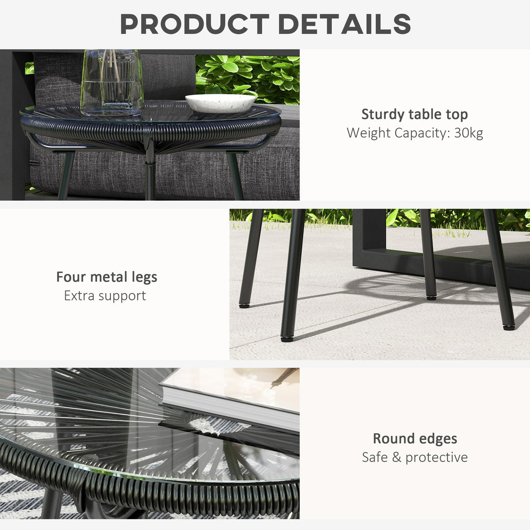 Rattan Side Table, Round Outdoor Coffee Table, with Round PE Rattan and Tempered Glass Tabletop for Patio, Garden, Balcony, Black