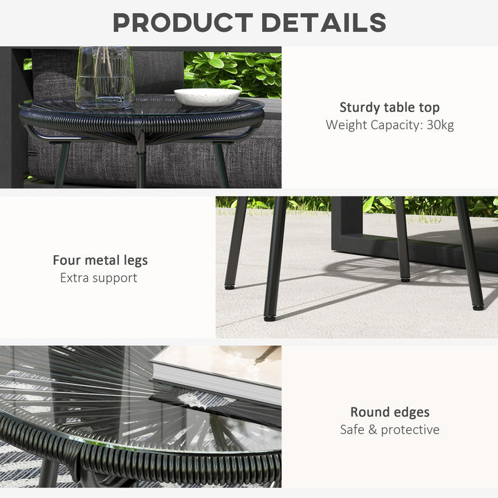 Rattan Side Table, Round Outdoor Coffee Table, with Round PE Rattan and Tempered Glass Tabletop for Patio, Garden, Balcony, Black