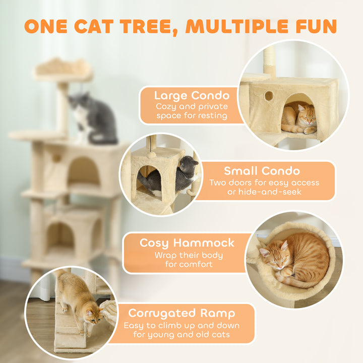 MCL 140cm Large Cat Tree Tower with Sisal Scratching Posts, Condos, Plush Perches, Hammock, Ladder, Beige