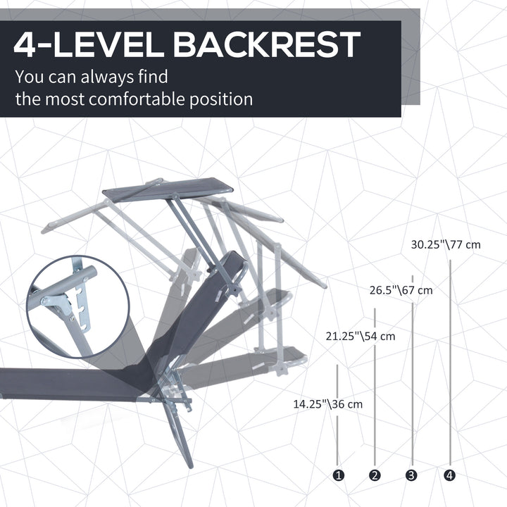 MCL Outdoor Foldable Sun Lounger, 4 Level Adjustable Backrest Reclining Sun Lounger Chair with Angle Adjust Sun Shade Awning for Beach, Garden, Patio, Grey