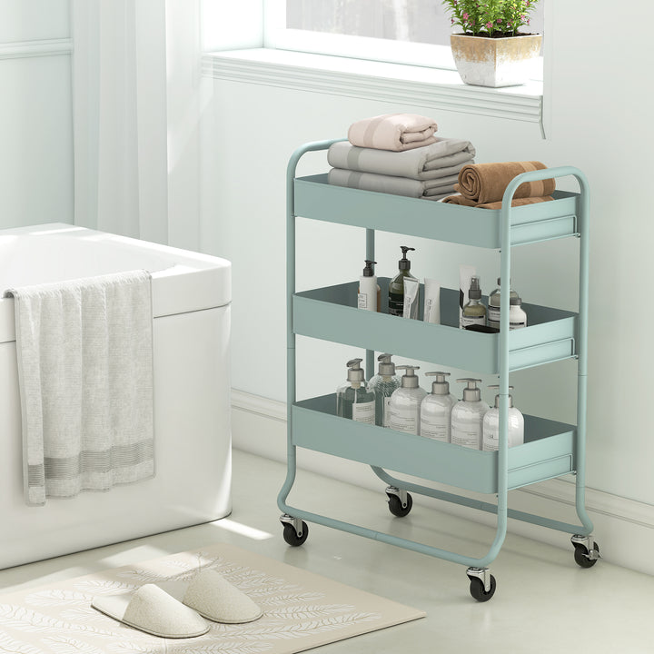 3-Tier Storage Trolley on Wheels, Rolling Utility Cart with Mesh Backets for Kitchen, Bathroom, Bedroom