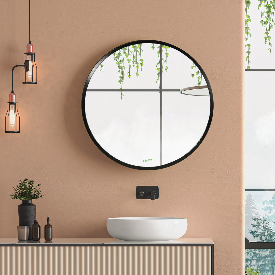 kleankin Round Bathroom Mirror: Wall-Mounted Makeup Mirror with Aluminium Frame, Black | Aosom UK