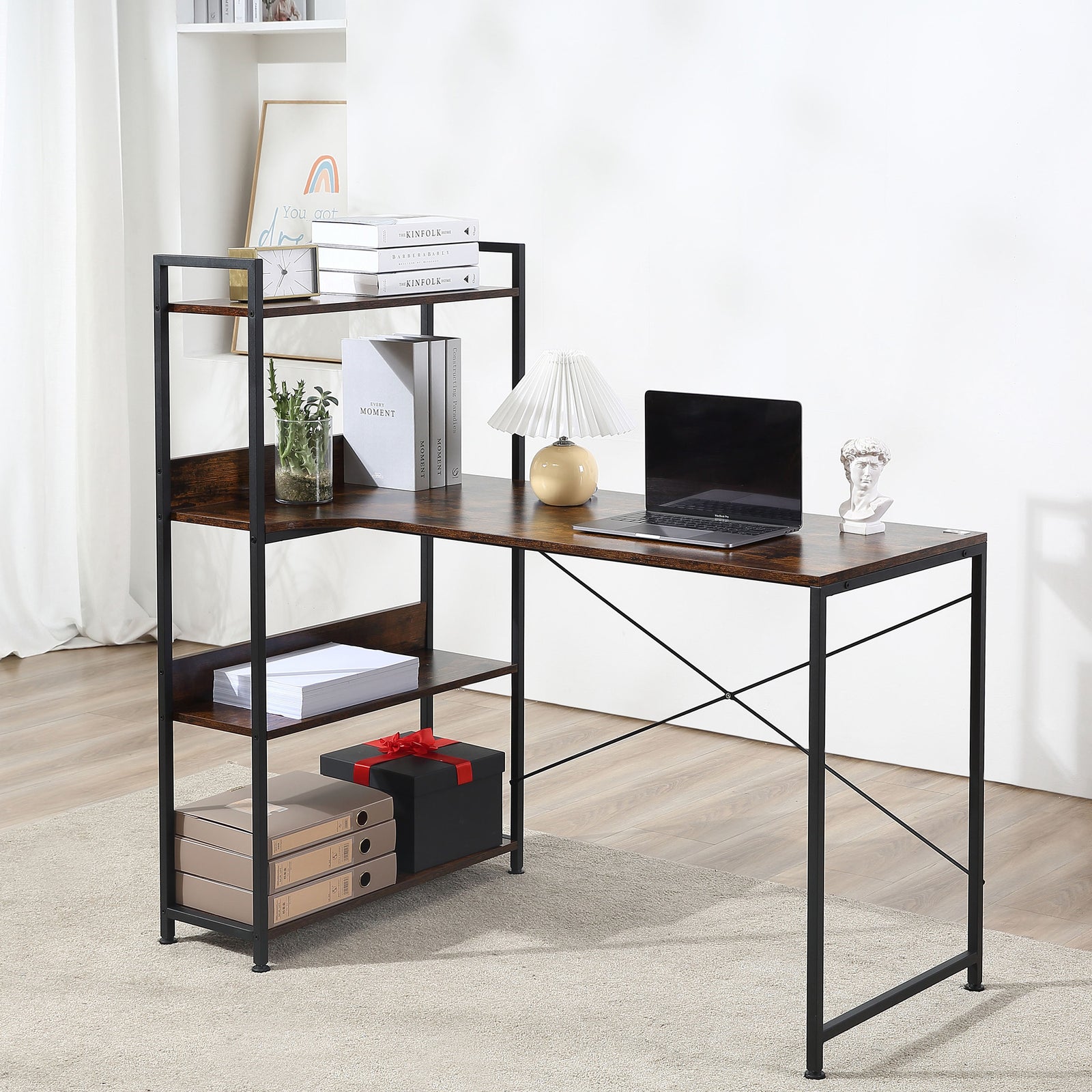 Office Desk with Storage Shelves, 120 CM Computer Desk, Industrial Study Table with Metal Frame for Home Office Small Space, Rustic Brown