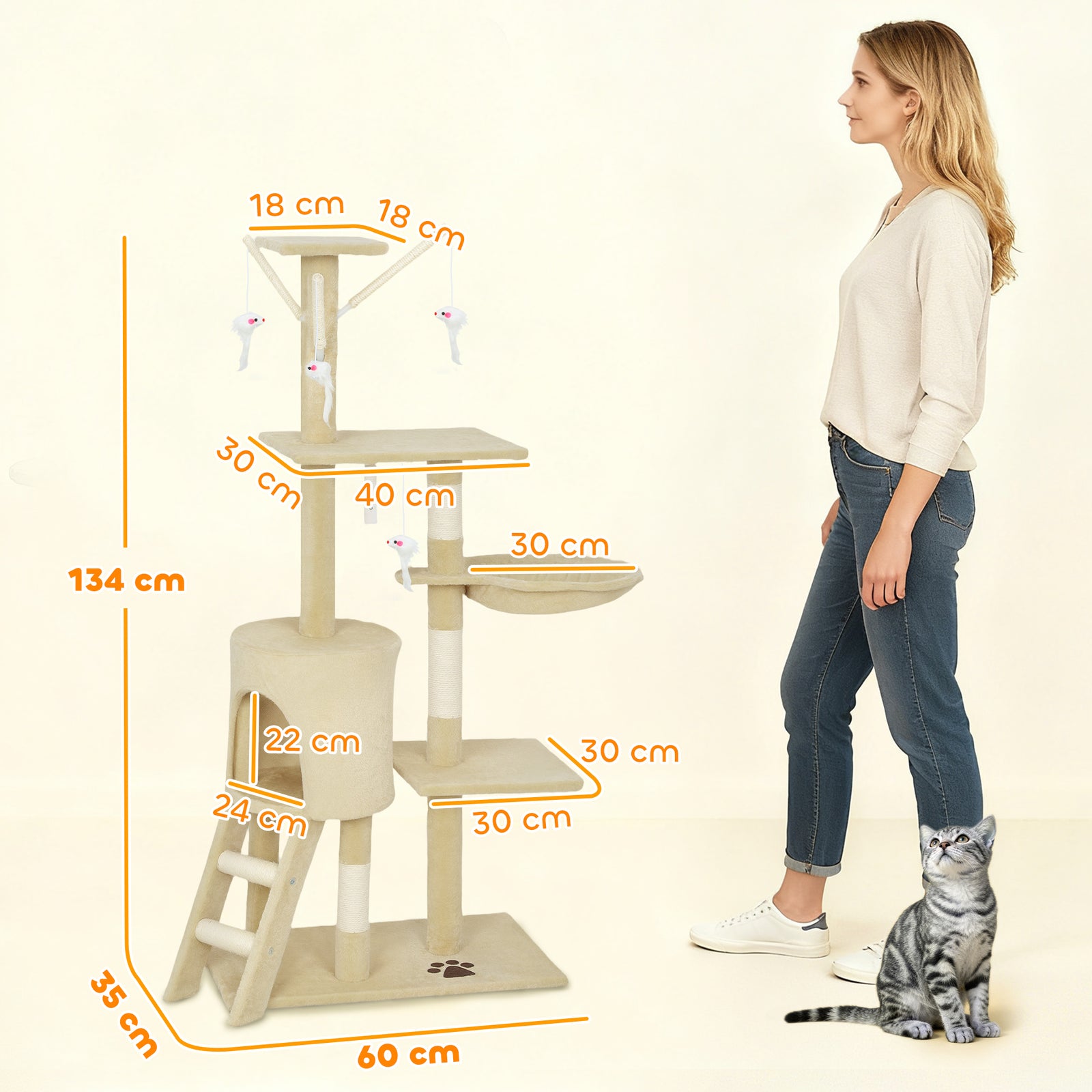 Multi-Level Cat Tower, 134cm Cat Tree with Condo and Sisal Scratching 