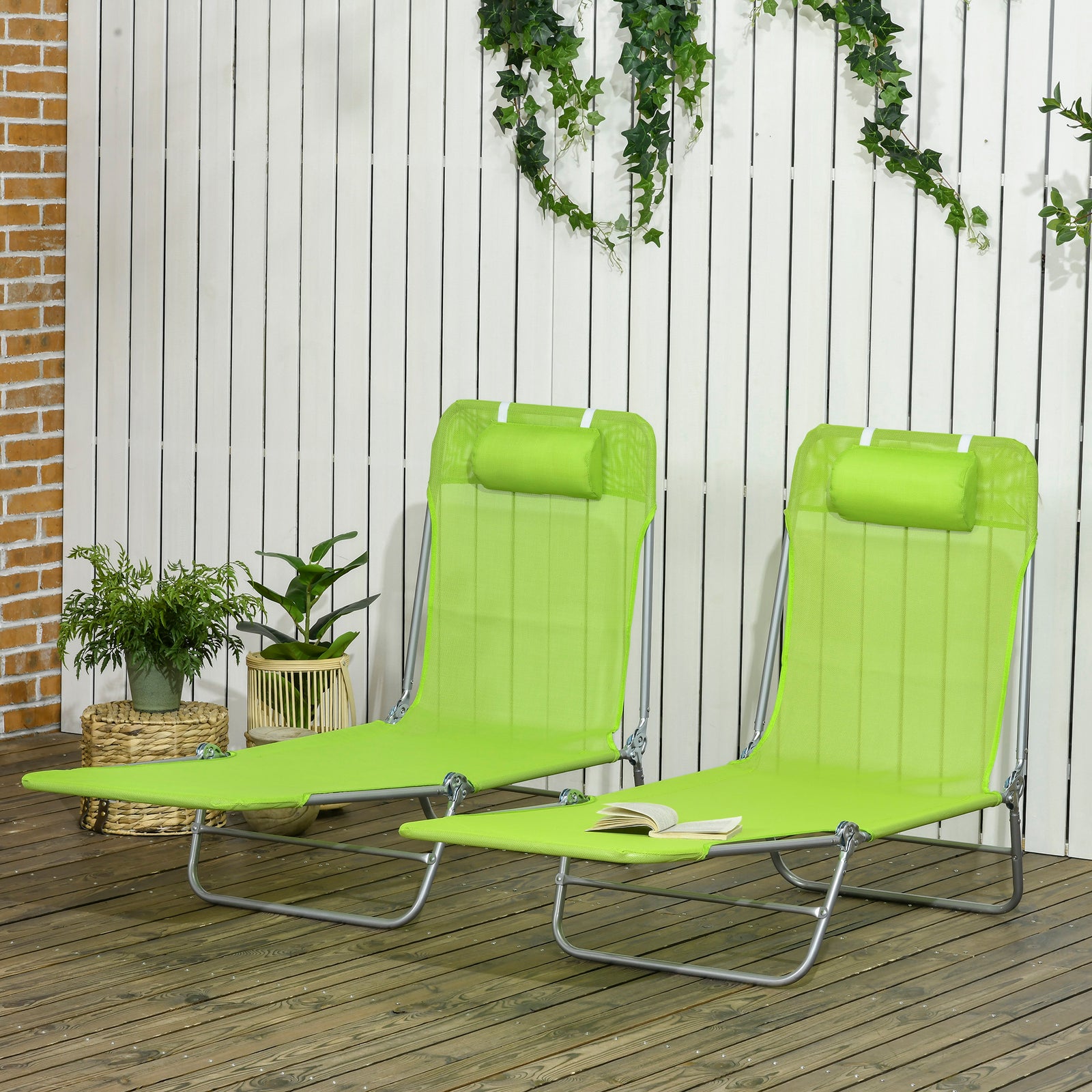 Set of Two Steel Frame Sun Loungers, with Reclining Backs - Green