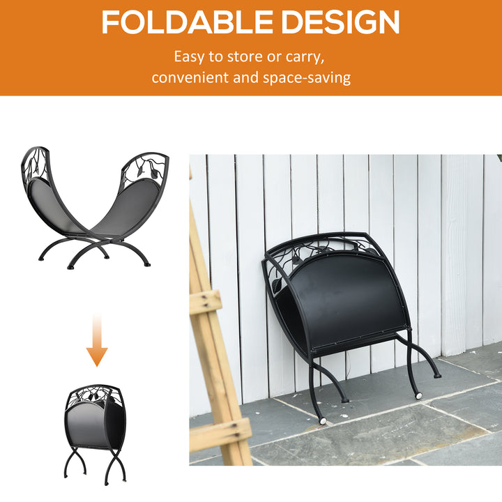 Metal Arced Firewood Log Holder Indoor Outdoor Folding Firewood Rack Fireplace Wood Storage Shelf w/ Leaf Pattern Design, Black, 43.5W x 36.5D x 41H cm