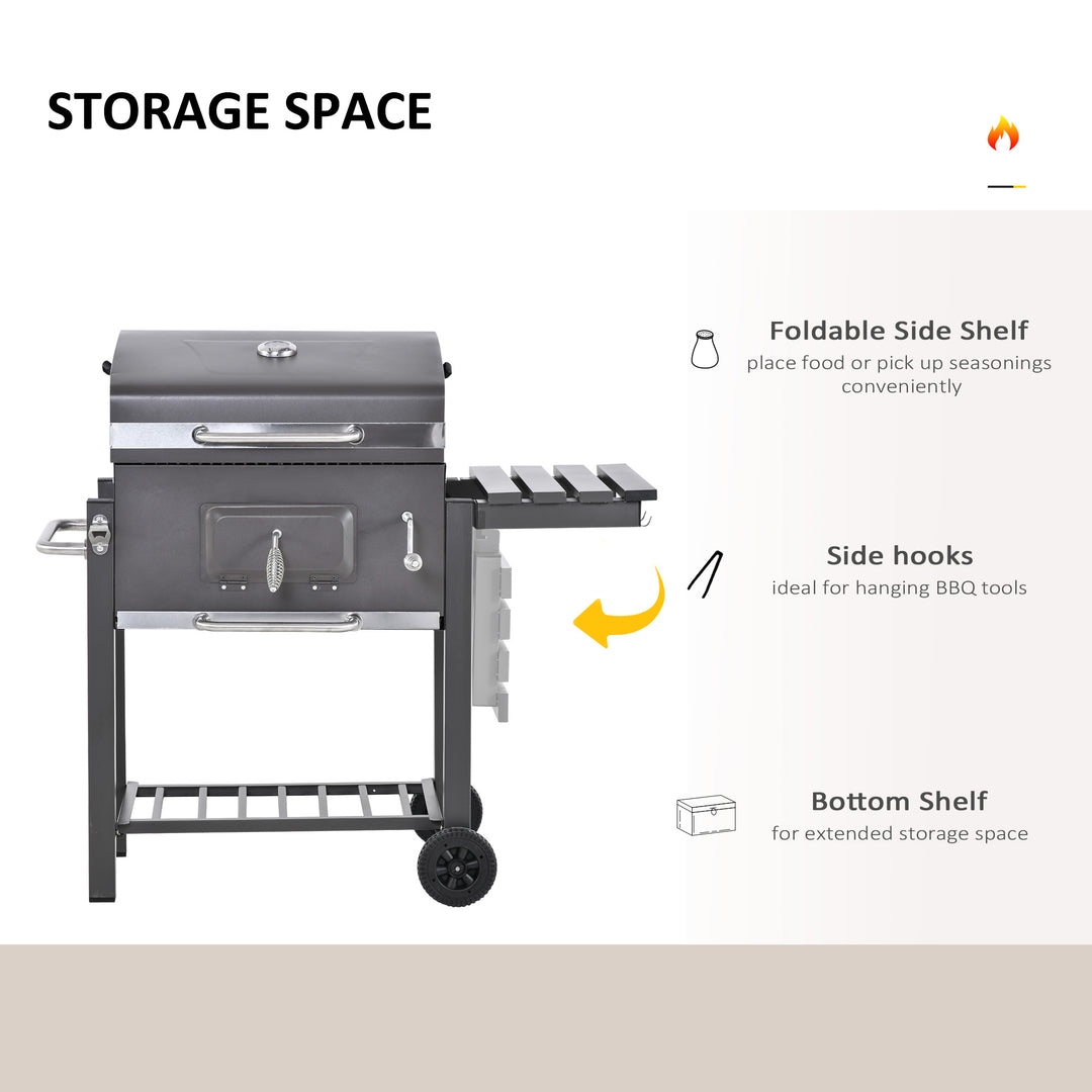 Charcoal Grill BBQ Trolley with Adjustable Charcoal Grate, Garden Metal Smoker Barbecue with Shelf, Side Table, Wheels, Built-in Thermometer, Bottle Opener