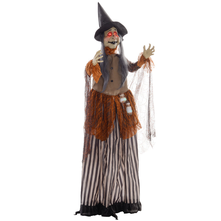 HOMCOM 183 cm Life Size Halloween Animated Standing Fat-Faced Witch with Red Light Up Eyes, Sound Activated Moving Arms &amp; Head, Scary Witch Halloween Decorations, Battery Operated, Indoor Party Props