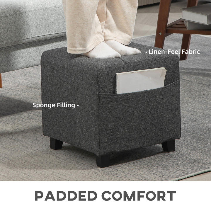 Square Footstool, Small Ottoman with Side Pocket, Linen Fabric Footrest Foot Stool with Rubber Wood Legs and Padded Seat for Living Room, Bedroom, Entryway, 35 x 35 x 35cm, Grey
