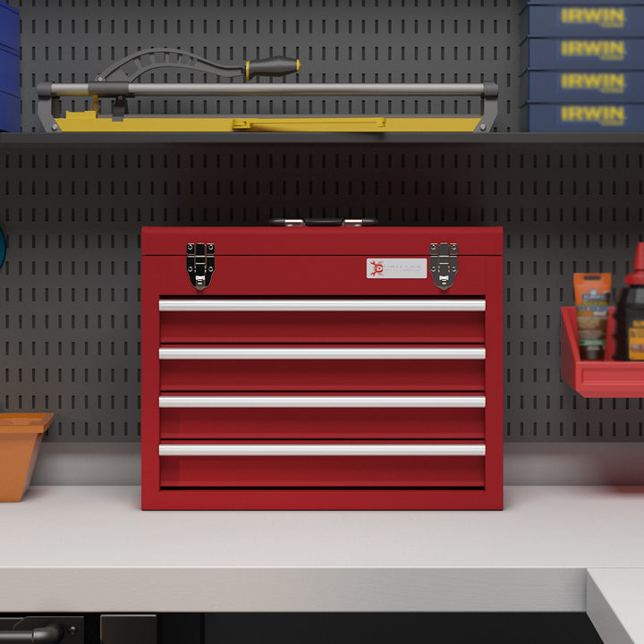 Lockable Metal Tool Box, 4 Drawer Tool Chest with Latches, Handle, Ball Bearing Runners, Red