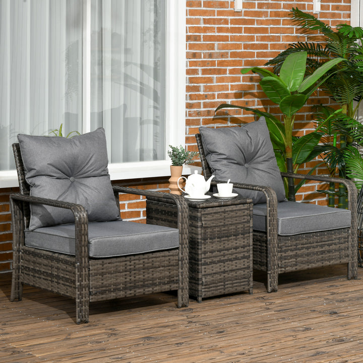 Outsunny 3 pcs PE Rattan Wicker Garden Furniture Patio Bistro Set Weave Conservatory Sofa Storage Table and Chairs Set Grey Cushion & Wicker