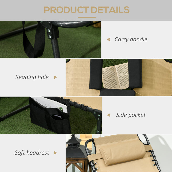 Folding Sun Lounge with 5-level Reclining Back, Outdoor Tanning Chair with Reading Hole, Outdoor Sun Lounge with Side Pocket, Headrest, for Beach, Yard, Patio, Beige