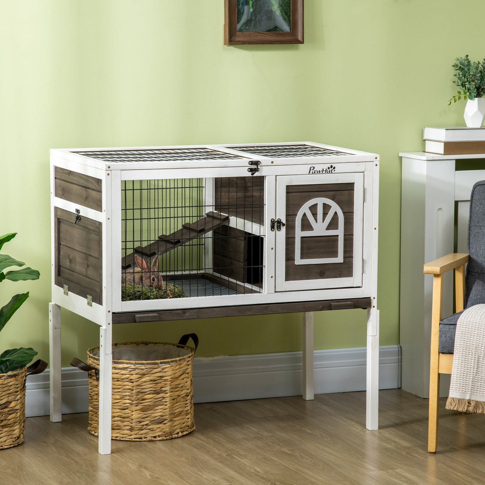 Wooden Rabbit Hutch, Guinea Pig Cage, with Removable Tray, Openable Roof