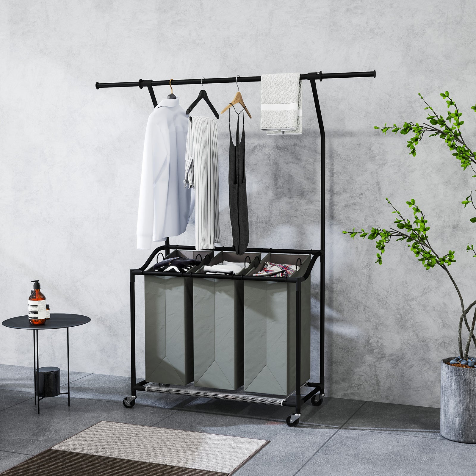 3x 42L Laundry Basket Unit, with Hanging Rail - Black/Grey