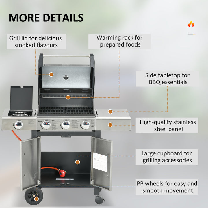 Gas Barbecue Grill 3+1 Burner Garden Smoker BBQ Trolley w/ Side Burner Warming Rack Side Shelves Storage Cabinet Piezo Ignition Thermometer Stainless Steel + Metal