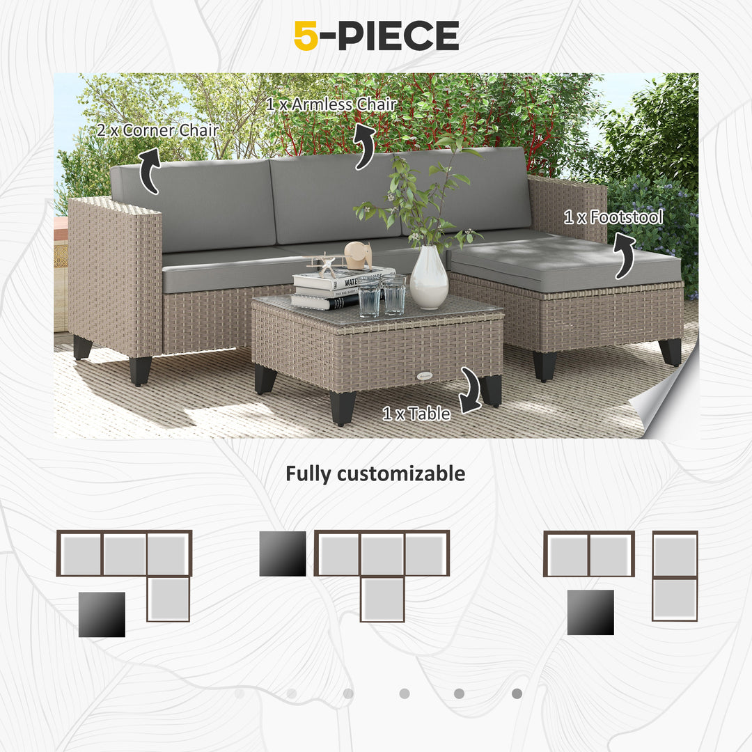 5-Piece Rattan Patio Furniture Set with Corner Sofa, Footstools, Coffee Table, for Poolside, Brown