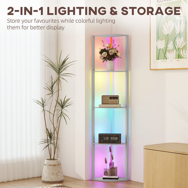 RGB LED Floor Lamp with Shelves, 5-Tier Dimmable Standing Lamp with Adjustable Brightness and Remote Control, Modern Corner Display Shelf Unit for Living Room Bedroom Office, Grey