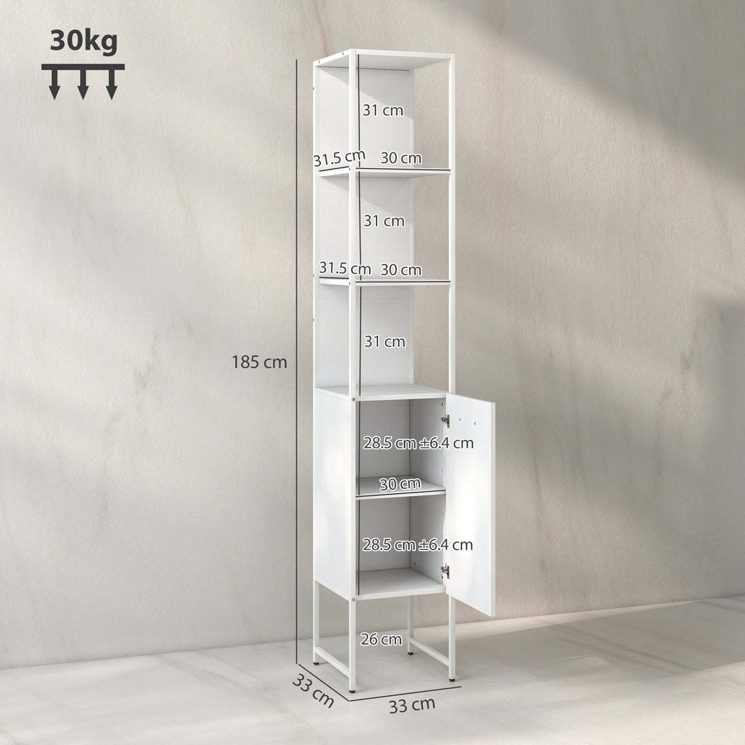Tall Bathroom Cabinet with Open Shelves and Adjustable Shelf - White