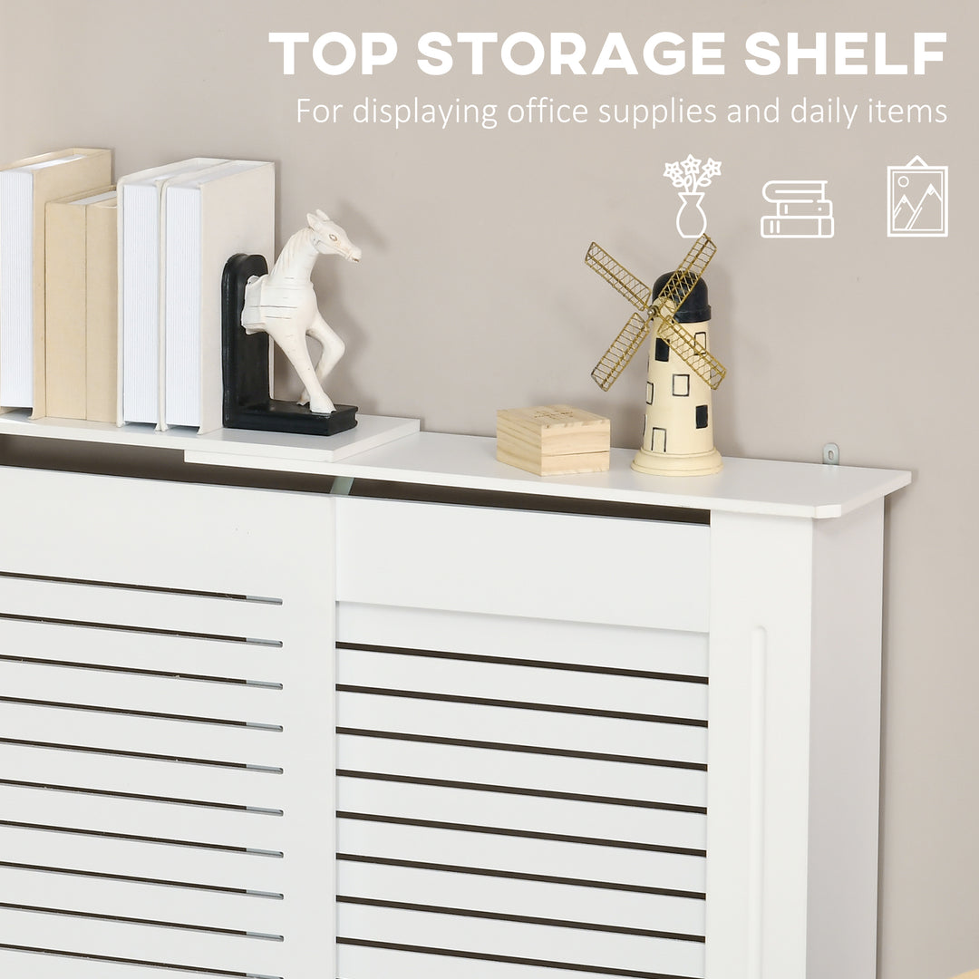 Set of 2 MDF Extendable Radiator Cover with Cabinet Shelving, Home Office Slatted Design, White 139-208.5L x 20.5W x 82.5H cm