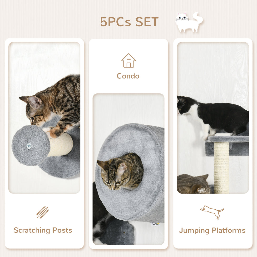 PawHut 5Pcs Cat Wall Furniture with Perch, Cat Condo, Scratching Post, Wall Mounted Cat Tree for Indoor Cats Use - Grey | Aosom UK