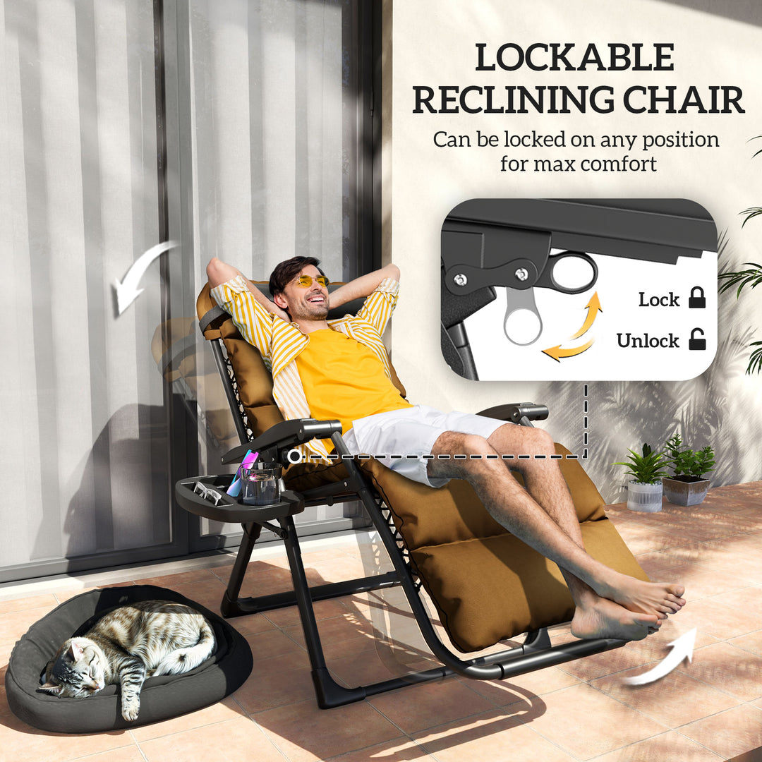 Set of Two Reclining Sun Loungers, with Cushion - Brown