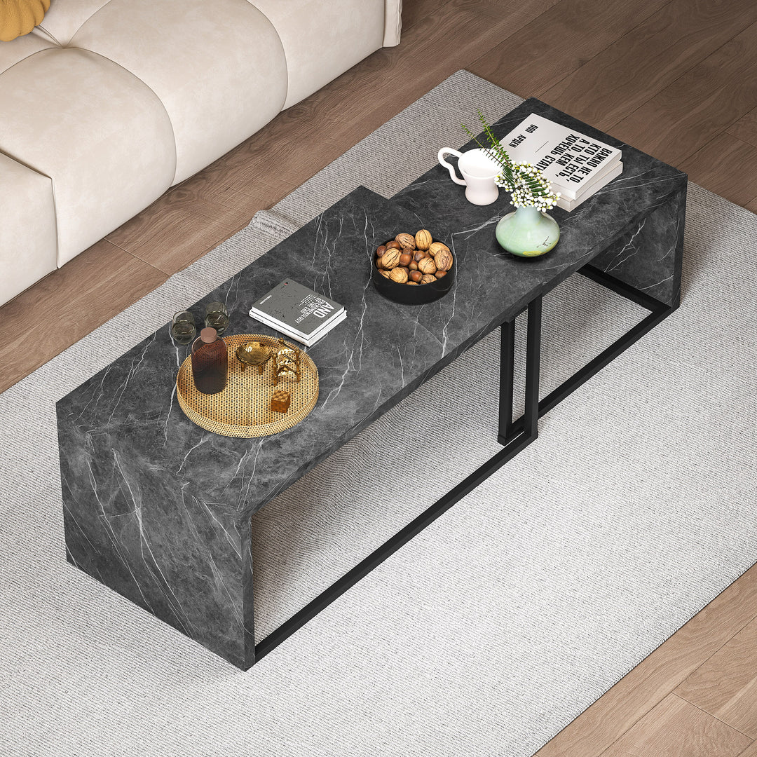 Coffee Tables Set of 2, Industrial Nest of Tables with Metal Frame for Living Room Bedroom, Dark Grey Marble Effect