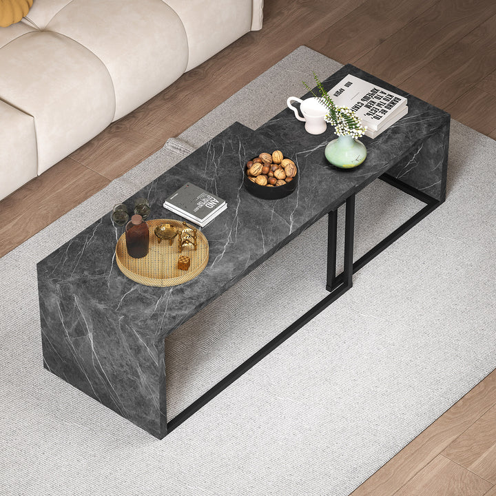 Coffee Tables Set of 2, Industrial Nest of Tables with Metal Frame for Living Room Bedroom, Dark Grey Marble Effect