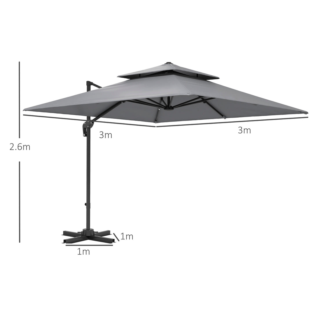 3 x 3(m) Cantilever Parasol with Aluminium Frame, Crank and Tilt, 360-Degree Rotation, Double Top Garden Umbrella with Cover (Only Cross Base), Light Grey
