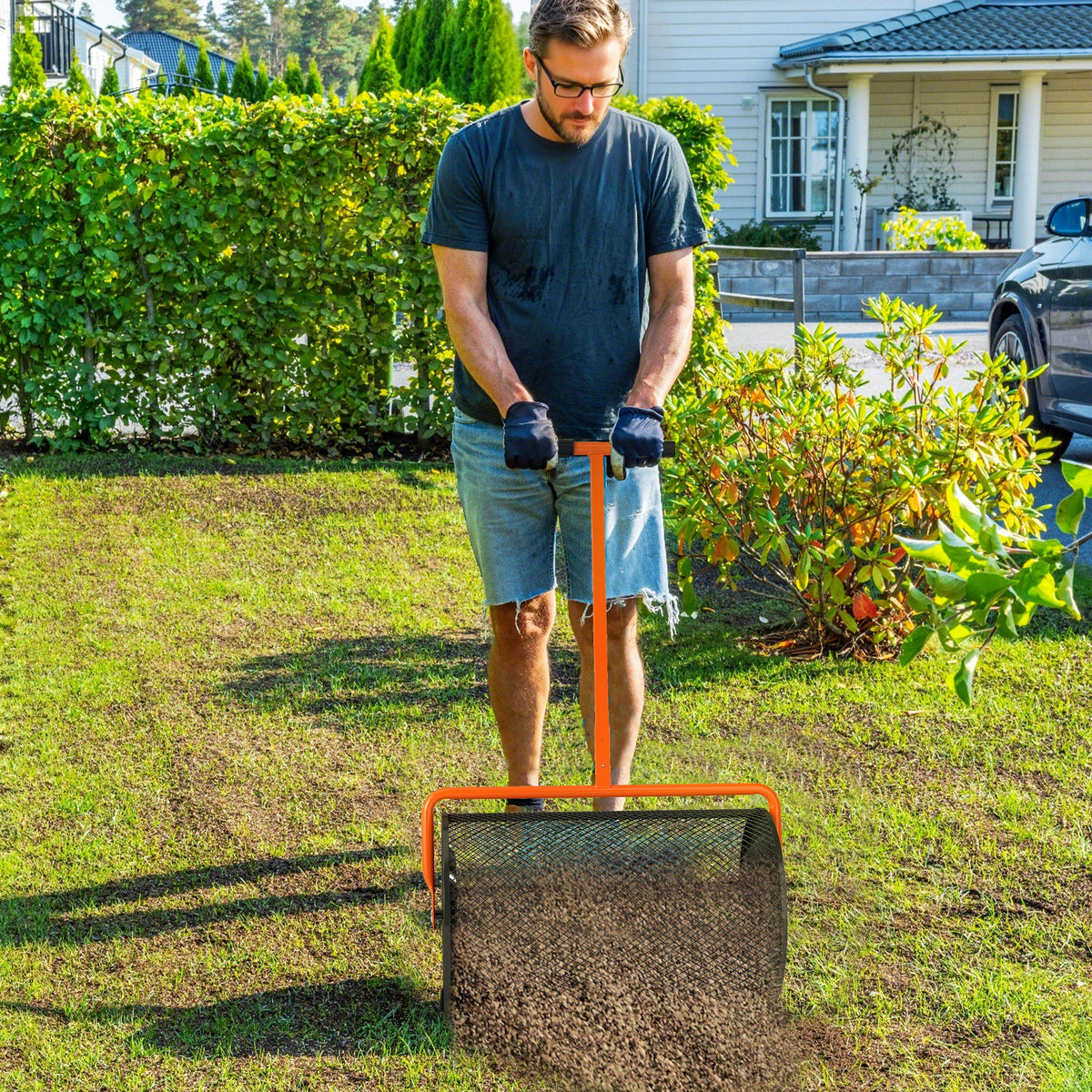 Compost Spreader, 24" Peat Moss Spreader with Height Adjustable T Shap