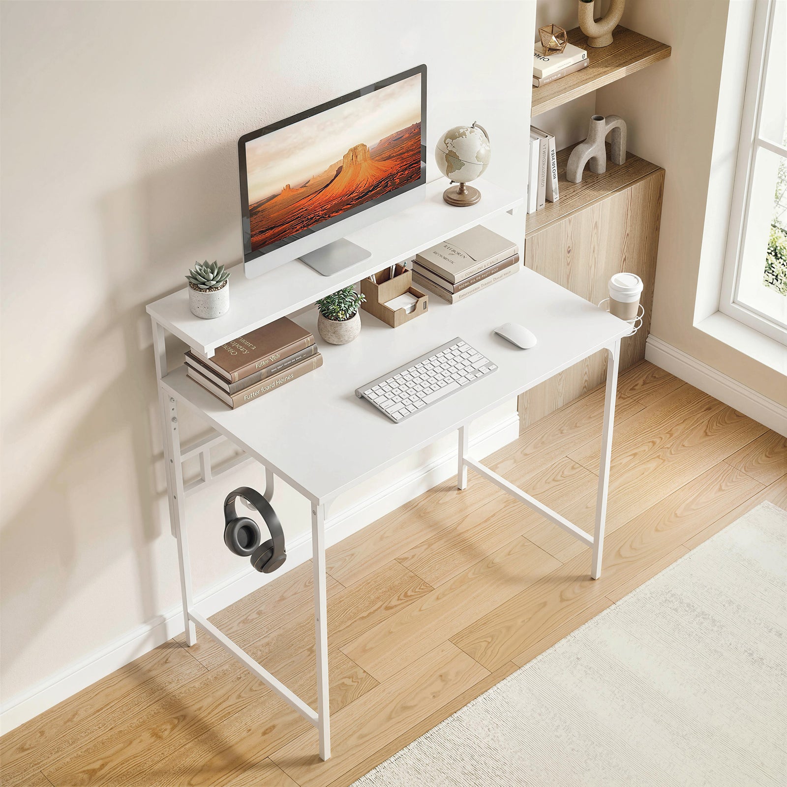 Computer Desk, 80cm Home Office Study Table with Hutch Shelf, Cup Hold