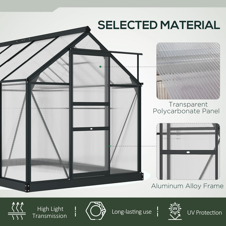 6 x 8ft Polycarbonate Greenhouse, Large Walk-In Green House with Slide Door and Window, Garden Plants Grow House with Aluminium Frame and Foundation, Grey