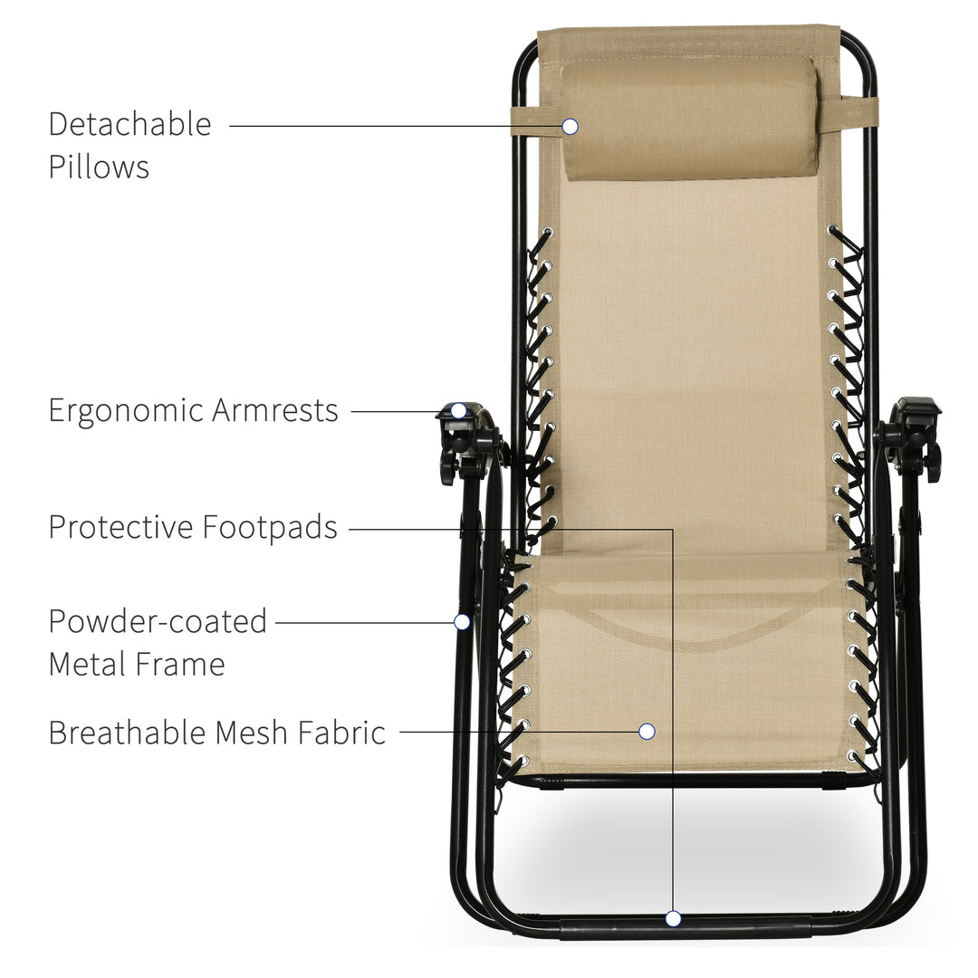 Folding Zero Gravity Chairs, 3 Pieces Adjustable Sun Lounger and Table Set with Cup Holder and Headrest, Patio Bistro Set with Reclining Garden Chairs for Outdoor, Beige