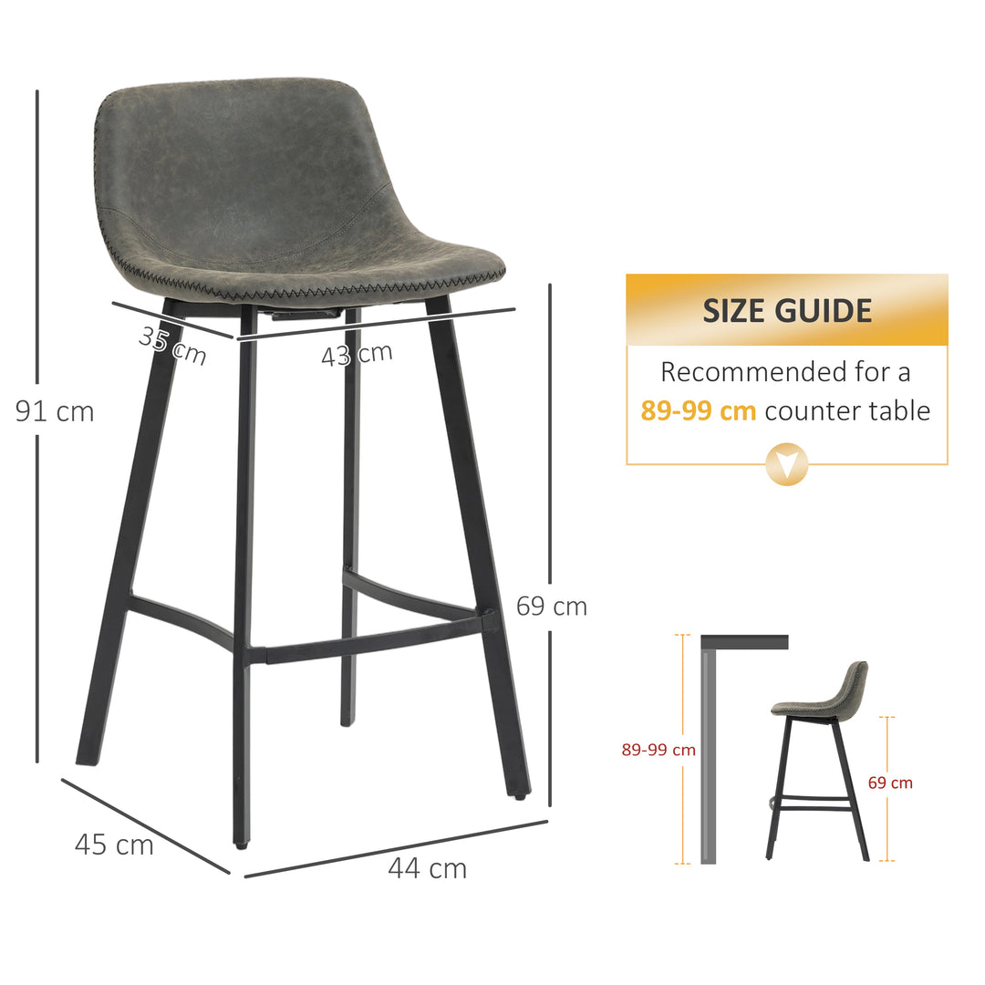 MCL Bar Stools Set of 2, PU Leather Dining Stools with Backrest, Footrest, for Kitchen, Counter, Breakfast Bar, Grey