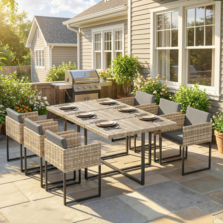 7 Piece Rattan Garden Furniture Set, Garden Dining Set with Wood-Plast