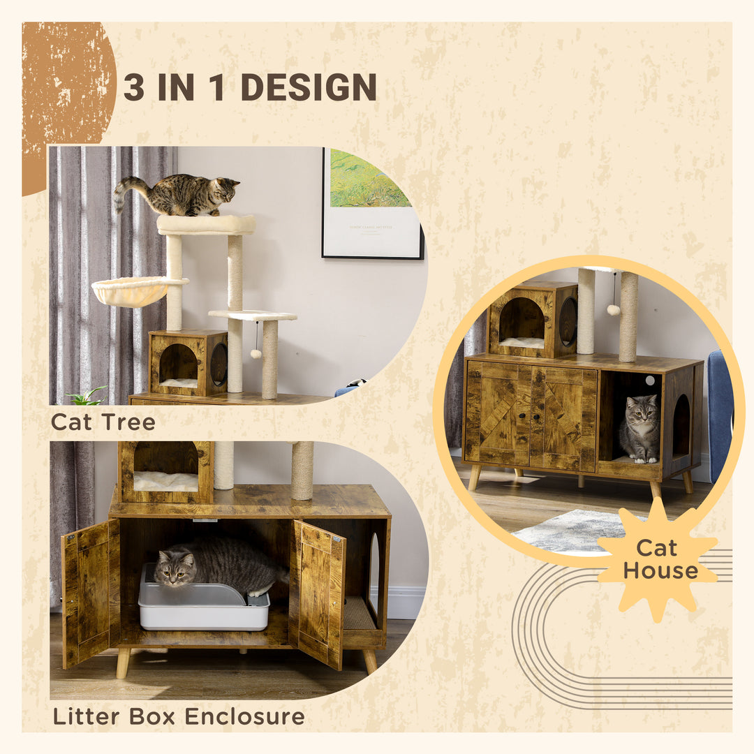 PawHut Cat Litter Box Enclosure, with Tree Tower, Cat House, Hammock, Cushion - Rustic Brown | Aosom UK