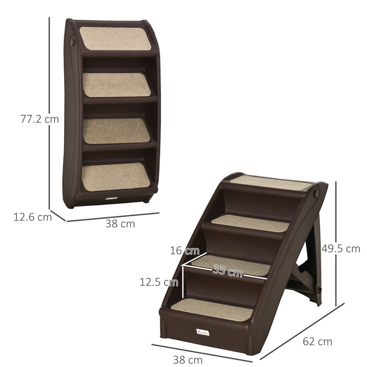 PawHut Foldable Pet Stairs, 4-Step for Cats Small Dogs with Non-slip Mats, 62 x 38 x 49.5 cm, Dark Brown | Aosom UK