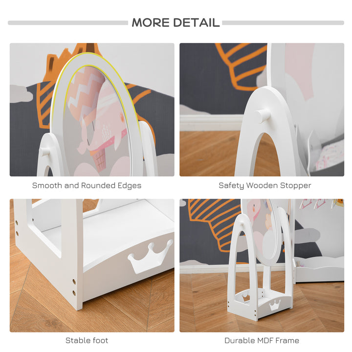 Free Standing Full Length Mirror, Child's Dressing Mirror with storage shelf, Children's White Bedroom Furniture 360° Rotation MDF, For 3- 8 Years Old, 40L x 30W x 104H cm
