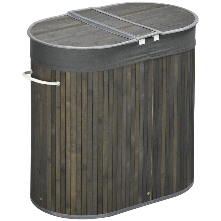 HOMCOM Bamboo Laundry Sanctuary: 100L Dual-Compartment Hamper with Lid & Removable Liner, Greystone | Aosom UK